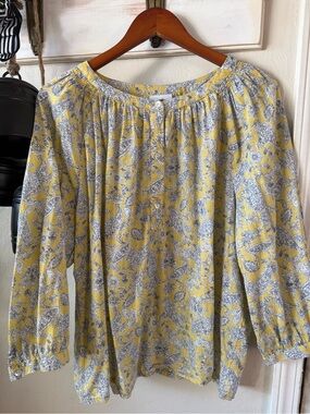 J. Jill Yellow and Gray Paisley Button-Neck Blouse